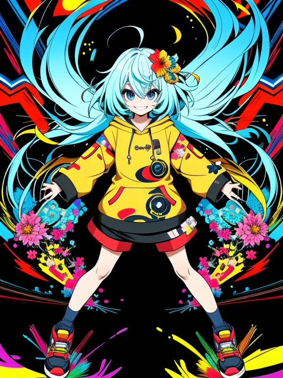masterpiece, ultra-high quality, ( ultra detailed original illustration),( joyful facial expression, perfect eye, long hair, smile,full body, perfect body), arms behind back, dynamic angle,((street wear,hoodie fashion)), ((flowers sakura)(graffiti)), double exposure, fussion of fluid abstract art, glitch, ( 2d), ( original illustration composition), ( fusion of limited color, maximalism artstyle, geometric artstyle, fire, junk art), yellow theme, background black