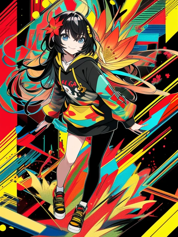 masterpiece, ultra-high quality, ( ultra detailed original illustration),( joyful facial expression, perfect eye, long hair, smile,full body, perfect body), arms behind back, dynamic angle,((street wear,hoodie fashion)), ((flowers sakura)(graffiti)), double exposure, fussion of fluid abstract art, glitch, ( 2d), ( original illustration composition), ( fusion of limited color, maximalism artstyle, geometric artstyle, fire, junk art), yellow theme, background black