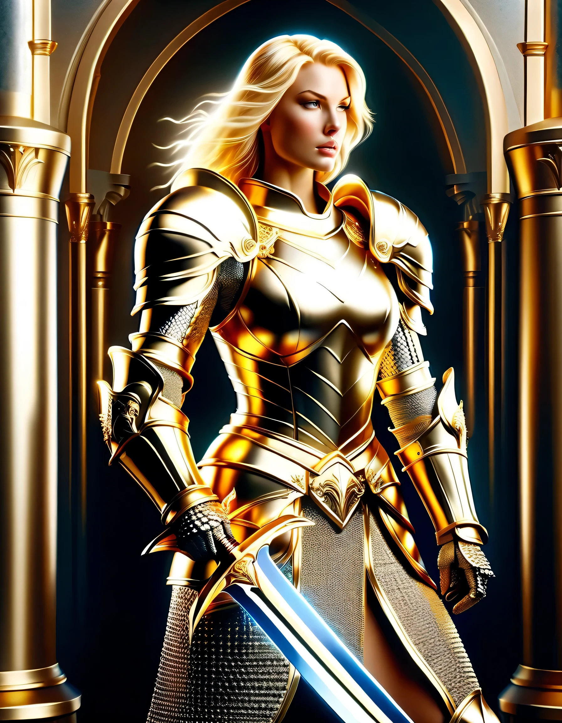 blond woman in armor holding a sword in a castle, gorgeous female paladin, of a beautiful female knight, fantasy paladin woman, girl in knight armor, beautiful armor, beautiful female knight, armor girl, stunning armor, angelic golden armor, dressed in light armor, female knight, female paladin, golden armor, picture of female paladin, gold heavy armor. dramatic