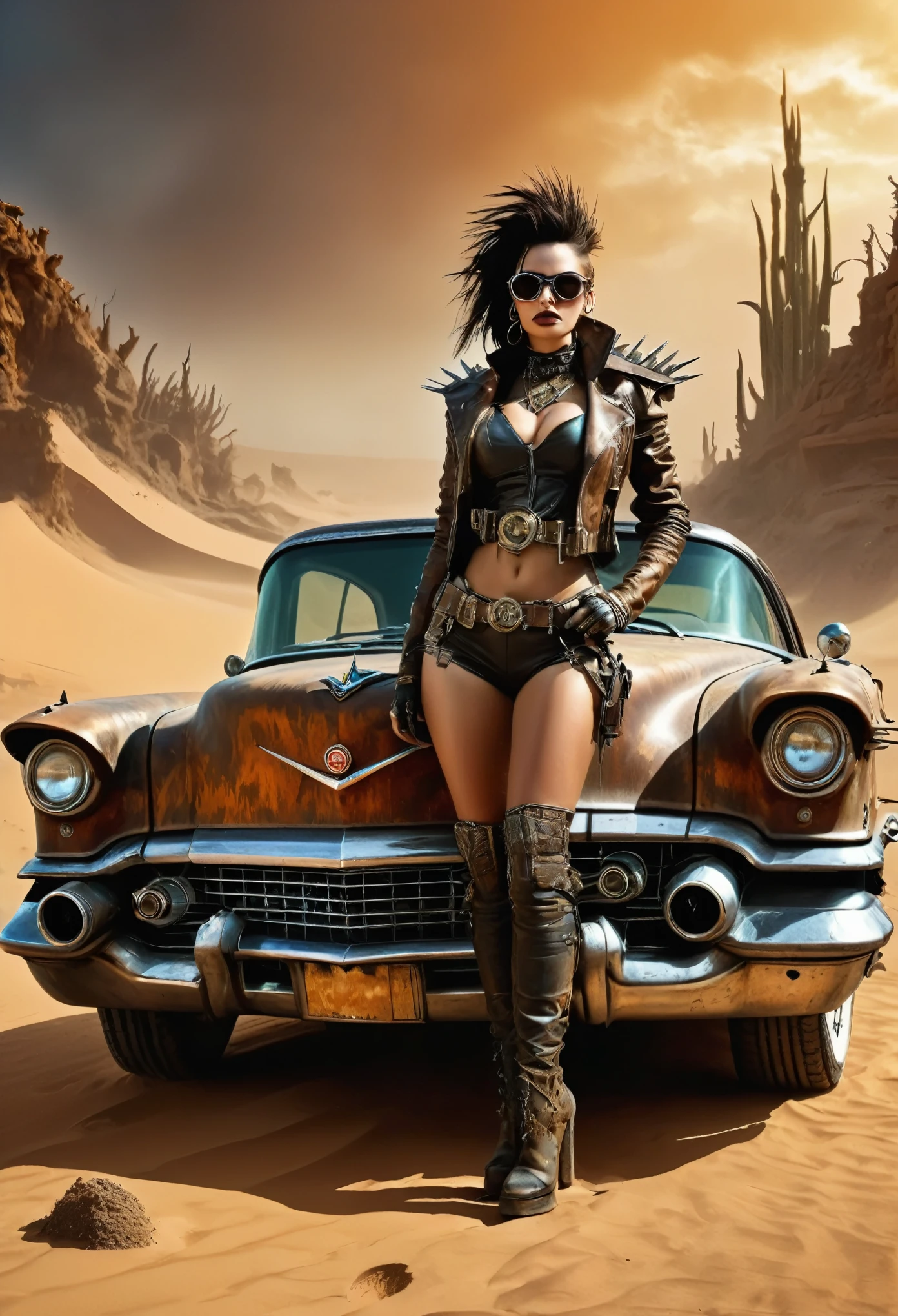 faithful image of an old rusty 1955 cadilac eldorado with spikes and spikes on the hood, military style with modifications, he is running in the sand of the Sahara desert, carro steampunk, dramatic art, estilo de arte dieselpunk, apocalyptic road warrior vibe, a girl with sunglasses is inside the car, arte digital surreal, Mad Max inspirado, heavy metal artwork, simetria da face cromada, arte steampunk digital, It&#39;s not the Mad Max style, metal art, It&#39;s not Filip Hodas&#39; art style, arte digital steampunk, dieselpunk, em um mundo hightech, foto na diagonal