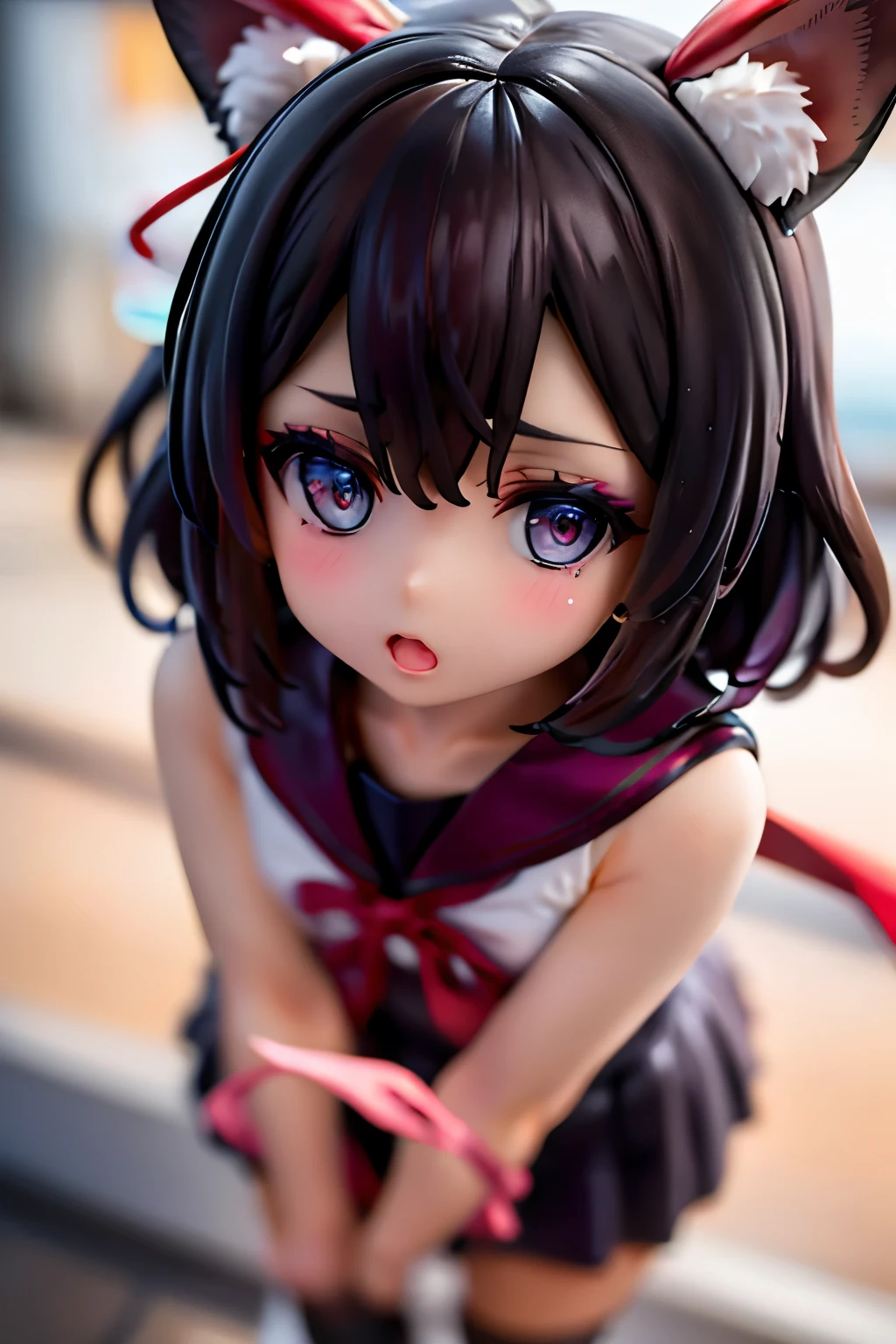 A girl peeks at me, sailor suit, red ribbon, navy pleated skirt, tan, brown hair, short curly hair, loose socks, looking sideways, looking up, surprised expression, masterpiece, detailed eyes, foundation, eye shadow, red lipstick , cheeks brightening, Kyoto scenery, background blur