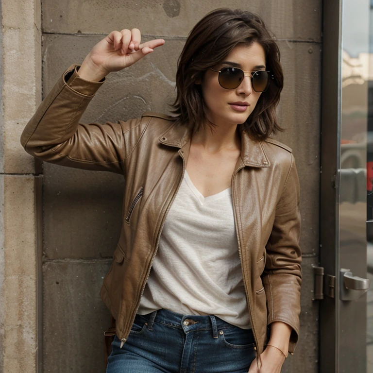 Cobie Smulders dressed in beige leather jacket and jeans with sunglasses