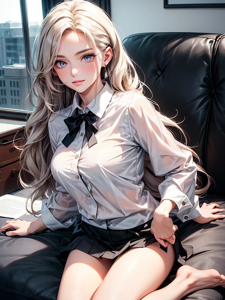 A woman, 30 years old, Mature, Super textured hair, Extra long wavy hair, Single ear front hair, Nice face, Super detailed eyes, Grow eye hair, shining pupils, Charming eyes, Beautiful and delicate lips, seductive smile, A light blush, Very detailed face, Extra detailed body, High quality real skin texture, (Advanced semi-transparent chiffon office clothing design), white collared shirt, black skirt, Lace trim at hem, Revealing black underwear, barefoot, 