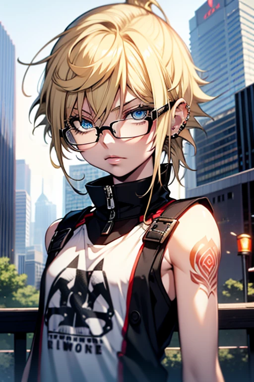 young woman, riley nixon haircut, shaved hair, blonde hair, very short hair, bald, white tank t-shirt shirt, red moon tattoo, right arm tattooed, wearing glasses, blonde hair, riley nixon haircut, lipstick Black, piercings on the face, on a skyscraper, Looking at the viewer, Storm city, 4k