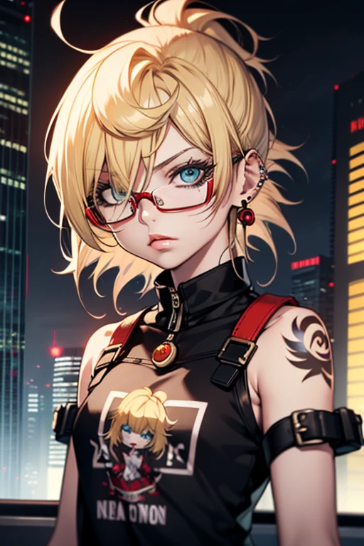 Girl, Riley Nixon haircut, shaved hair, Blonde hairstyle, Very short hair, Bald,, White vest shirt, Red Moon tattoo, Tattoo on the right arm, Wearing glasses, Blonde hairstyle, Riley Nixon haircut, Lipstick Black, Piercings in the face, On a skyscraper, looking at viewert, Storm City, 4K
