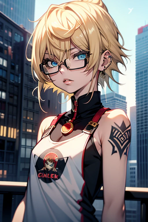 young woman, riley nixon haircut, shaved hair, blonde hair, very short hair, bald, white tank t-shirt shirt, red moon tattoo, right arm tattooed, wearing glasses, blonde hair, riley nixon haircut, lipstick Black, piercings on the face, on a skyscraper, Looking at the viewer, Storm city, 4k