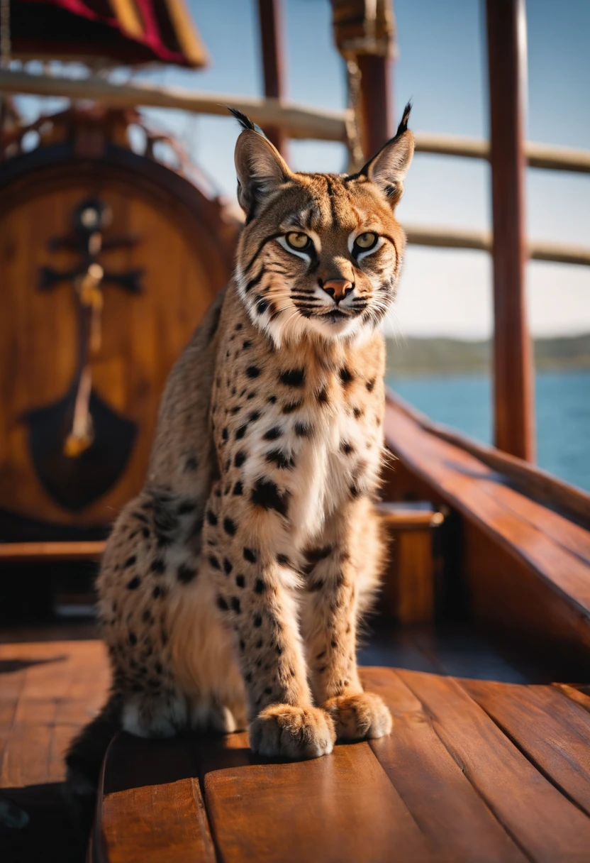 Bobcat, on the main deck of a pirate ship, sunny day.