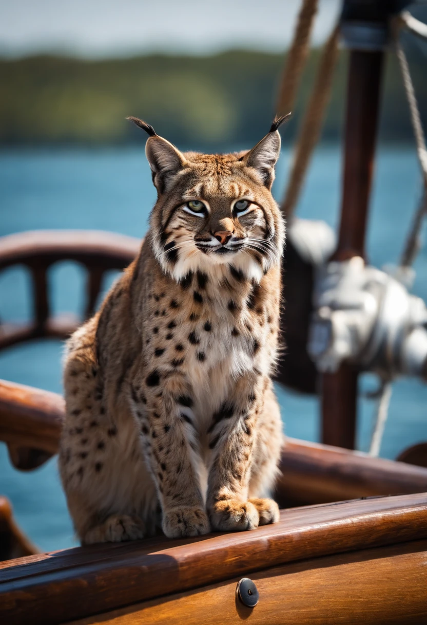 Bobcat, on the main deck of a pirate ship, sunny day.