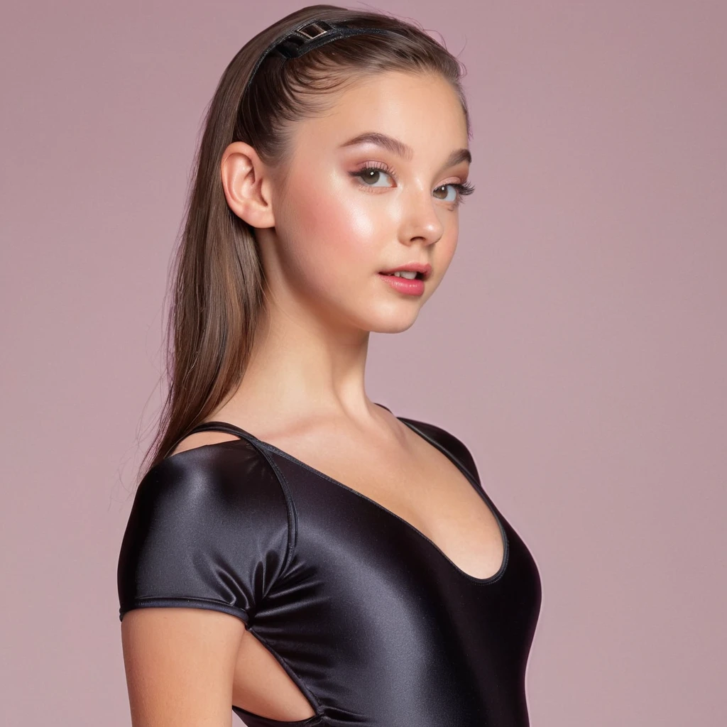 Zendaya, Detailed and realistic portrait of a beautiful -yeld Laa girl with, ojos redondos, oscuro, cabello desordenado, short hair, staring at the camera, Soft natural lighting, Dramatic lighting, Foto realism, ultra detallado, back view, full body, little ass, black silk one piece, butt