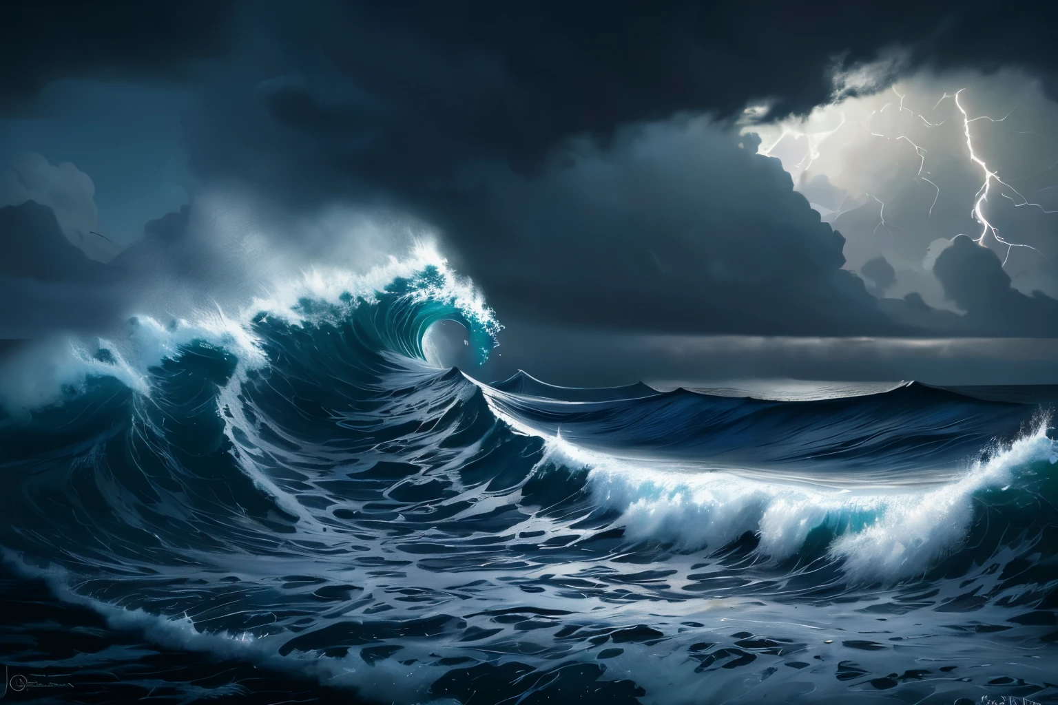 violent storm,The sea roared,Huge waves rolling,The waves lap against the reef on the shore,Splash,The sky is gloomy,Dark clouds rolling,Thunder and lightning,Seagulls fly between the waves,Water and sky,The sound of the waves is deafening,majestic,Amazing,The overall composition is impeccable, surreal art,8k,Artistic style is a depiction of nature,Invoke a sense of awe in the audience,Exquisite details,ambient light,Depression,medium long shot,--3:4 -- Stylization 500