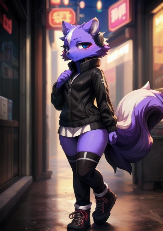 uploaded on e621, (by Whooo-Ya, by Sskomu \(artist\), by Kakure Eria),
solo female (cute purple skunk girl, blue eyes, Shikabane, a single small cute purple squirrel tail), slender body, thigh high socks,
(wear black jacket, ), (small breasts), black converse shoes,
((detailed fluffy fur)), (looking at viewer, full body shot, three-quarter view),
BREAK,
((Walking at city street on sunset day)), ( fog, mist, cyberpunk, neon light),
(detailed background, depth of field, half body shadow, sunlight, ambient light on the body),
(masterpiece, best quality, ultra realistic, 4k, 2k, (high detail:1.3),
(3d \(artwork\):1.2), blender \(software\), (soft focus:1.2), ray tracing, (unreal engine:1.3), absurd res)