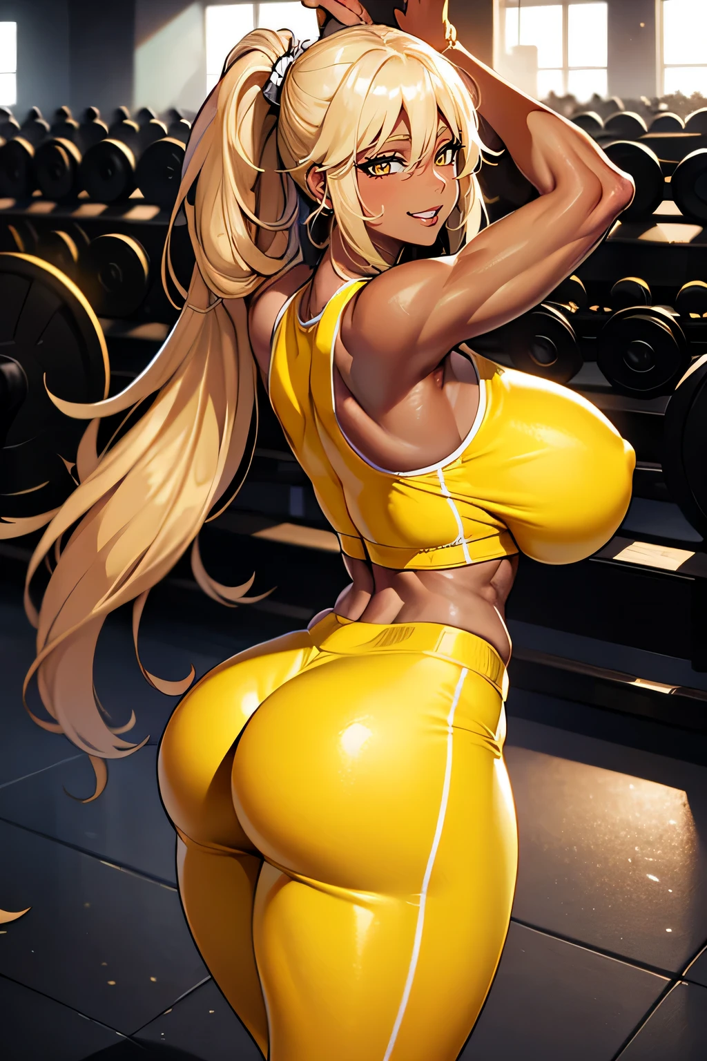 highest quality, mature woman, huge breasts, huge ass, very tortuous, dark brown skin, long blonde hair, yellow eyes, slutty, Improve, lip whole, fascinating, smile, Gym, good result, exercise, yellow clothes, yoga pants, Gym, lift, heavy lift, black skin, tan