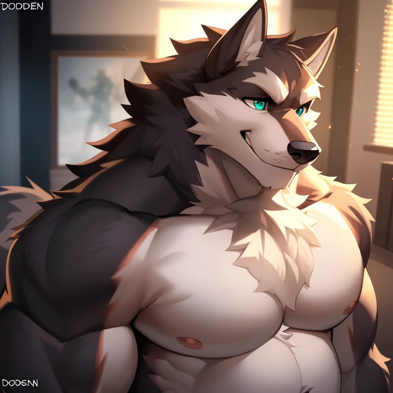 (solo, male:1.1, canine, wolf:1.1, werewolf, muscular, musclegut, mature male, older, happy, grey fur, teal eyes:1.1, body hair, full-body:1.1, by doooo2424, by physen, by juggermelon), (best quality:1.2, 4k, 8k, highres, masterpiece:1.2), ultra-detailed, (realistic:1.37, photorealistic:1.37), HDR, UHD, studio lighting, ultra-fine painting, sharp focus, physically-based rendering, extreme detail description, professional, vivid colors, bokeh, portraits, wolf-human hybrid, strength, power, fierce expression, mysterious background lighting, surreal atmosphere