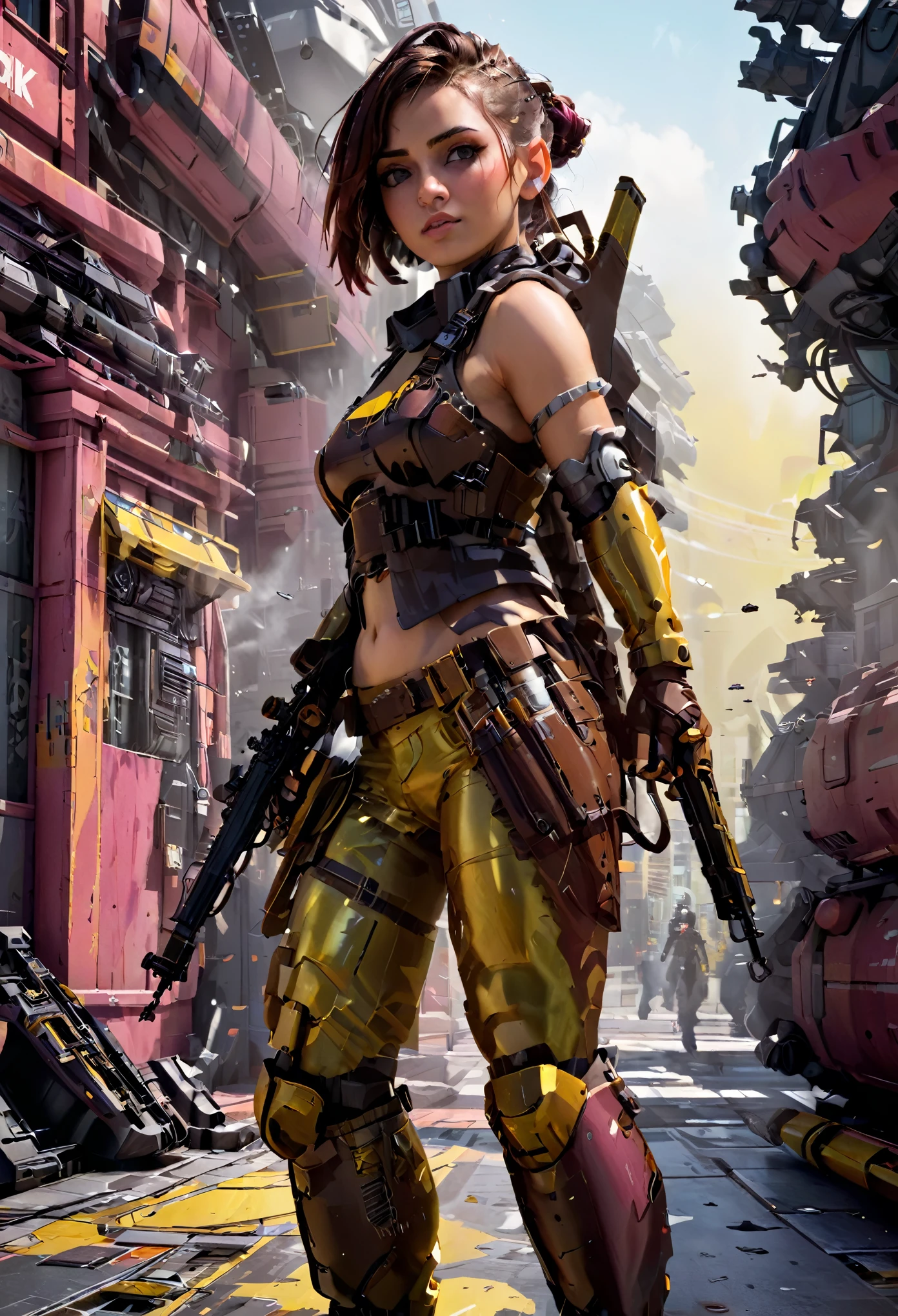 Motor irreal:1.4,CG K ultra realista, Fotorrealista:1.4, Textura de la piel:1.4, artwork 1 girl, Pistola Gatling, shell, mirando al espectador, dynamic pose, golpes, ammunition belt, guantes, senos, Tiroteo, Extremadamente detallado :1.4, more detailed, optical mixing, patrones juguetones, textura animada, Unique visual effect, o color amarillo cyberpunk, pantimedias rojas, minifalda de cuero amarilla, obra maestra, ((colores, cian, verduras, rosa, Brown: 1.2)) , Arte digital realista de 8k.)), 32k

