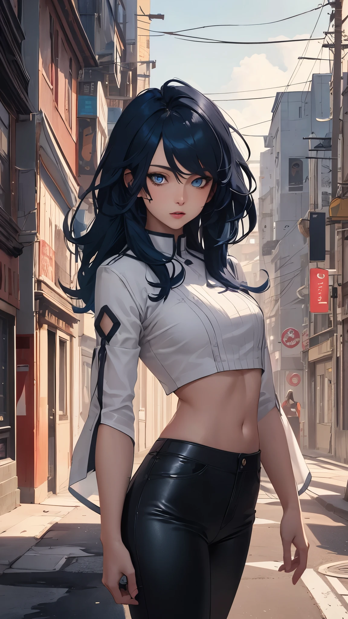 (Highly quality, masterpiece, detailed), city detailed scenario, city detailed background, solo, 1 woman, AeroMarvel, 1girl, solo, long hair, blue eyes, black hair, blue hair, white Leather cropped top, beautiful eyes, Sexy pose