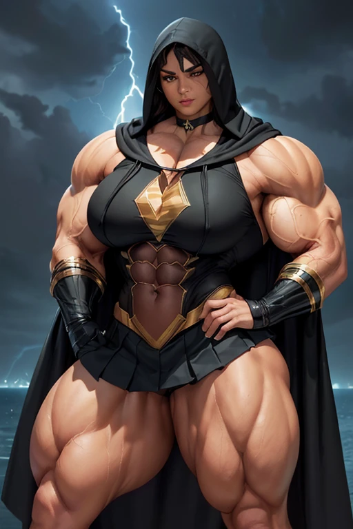 ((((Massive, tall, beautiful, buff, brown skinned muscular woman with jet black hair, ginormous bulky muscles and wearing a black Shazamsuit with pleated skirt and a hooded cape)))), close view, ((massive muscle)), massive biceps, hyper muscle shoulders, massive muscle arms, vascular shoulders, hyper muscle triceps, (straight long hair), orange eyes, superhero gauntlets, choker, ((in a thunderstorm island)), superhero boots, confidant smile, night, hyper vascular arms, hyper muscles arms, hyper muscle legassive arms), 