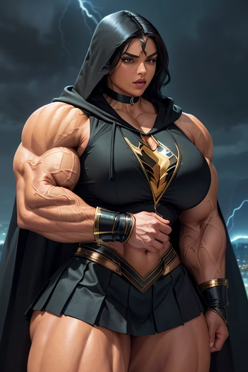 ((((Massive, tall, beautiful, buff, brown skinned muscular woman with jet black hair, ginormous bulky muscles and wearing a black Shazamsuit with pleated skirt and a hooded cape)))), close view, ((massive muscle)), massive biceps, hyper muscle shoulders, massive muscle arms, vascular shoulders, hyper muscle triceps, (straight long hair), orange eyes, superhero gauntlets, choker, ((in a thunderstorm island)), superhero boots, confidant smile, night, hyper vascular arms, hyper muscles arms, hyper muscle legassive arms), 