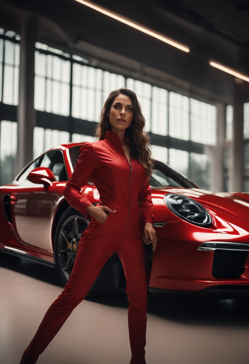 .(Futuristic spanish young woman, in a red Porsche suit) by gesaffelstein, action pose, epic scene, lots of fine detail, movie style, photography, natural textures, natural light, natural blur, photorealism, cinematic rendering, ray tracing, highest quality, highest detail, Cinematic, Blur Effect, Long Exposure, 8K, Ultra-HD, Natural Lighting, Moody Lighting, Cinematic Lighting, hyper-realistic, vibrant, 8k, detailed, ultra detail,
