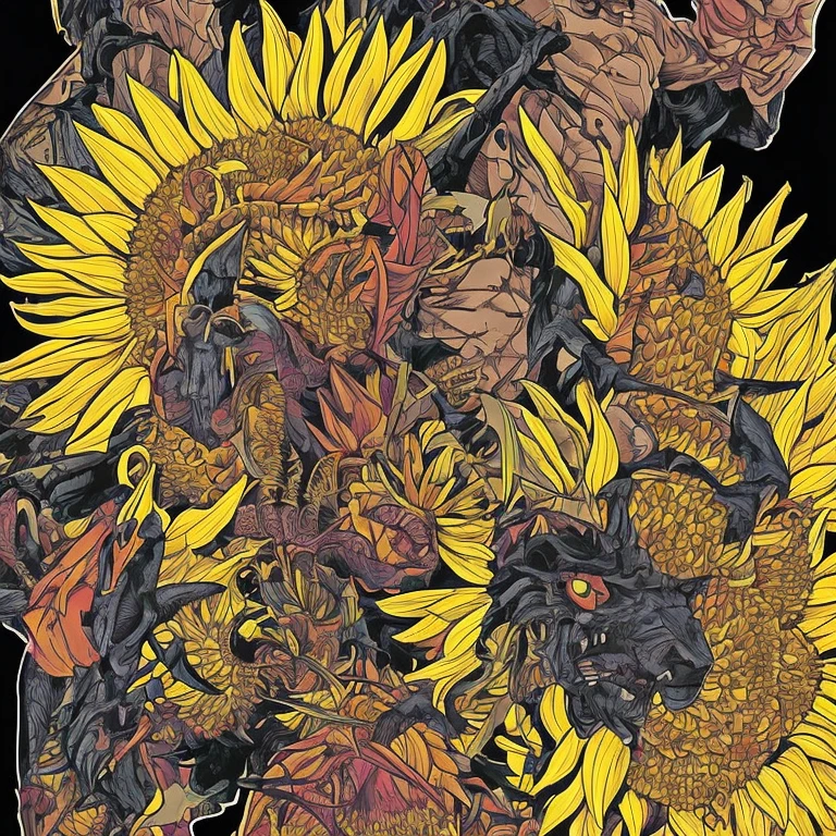 Rosto do deus Anubis, com os olhos brancos, and in the background a single giant sunflower, dark scenery reminiscent of the end of the world