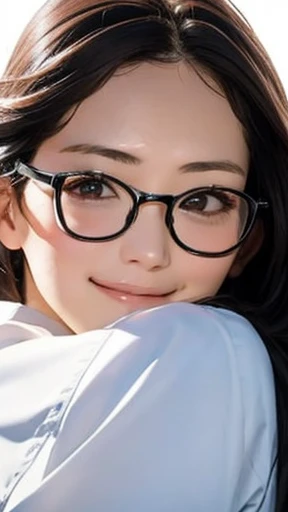 highest quality、realistic、Japanese、girl、zoom、look up、cute、brown eyes、glasses、long hair、black hair、all back、Forehead is coming out、Ocean、light blue one piece、joy、Grinning、face close up