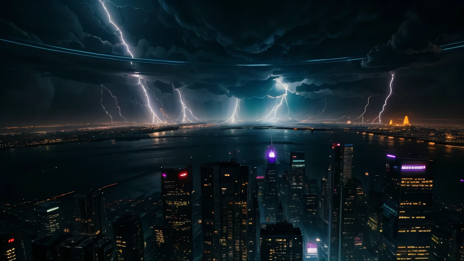 Thundering over a cyberpunk city. Dramatic lightining. Work of ark. 4k. Masterpiece. 8k.