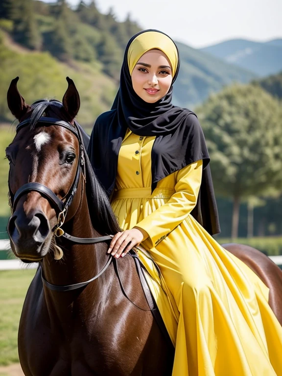 Full view Hijab OOTD: A stunning age girl showcases her simple yet contemporary hijab style in this captivating OOTD. With a charming smile, she exudes confidence and beauty as she effortlessly pulls off the fashionable ensemble. Her choice of dress in vibrant yellow perfectly complements her radiant complexion, making her the epitome of seasonal beauty. The outfit, carefully selected to accentuate her graceful figure, showcases her impeccable taste in fashion. This mesmerizing image captures the essence of youthful elegance and celebrates the diversity of hijab styles.
Riding a black horse: Prepare to be enchanted by this breathtaking scene as a rider gracefully guides her majestic black horse through the enchanting landscape. The rider's expertise is evident as she effortlessly commands the powerful