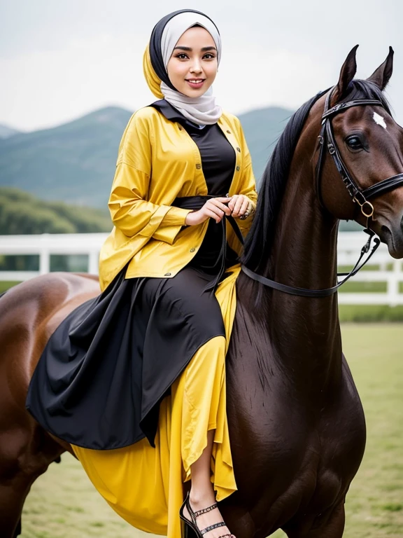 Full view Hijab OOTD: A stunning teenage girl showcases her simple yet contemporary hijab style in this captivating OOTD. With a charming smile, she exudes confidence and beauty as she effortlessly pulls off the fashionable ensemble. Her choice of dress in vibrant yellow perfectly complements her radiant complexion, making her the epitome of seasonal beauty. The outfit, carefully selected to accentuate her graceful figure, showcases her impeccable taste in fashion. This mesmerizing image captures the essence of youthful elegance and celebrates the diversity of hijab styles. 

Riding a black horse: Prepare to be enchanted by this breathtaking scene as a rider gracefully guides her majestic black horse through the enchanting landscape. The rider's expertise is evident as she effortlessly commands the powerful