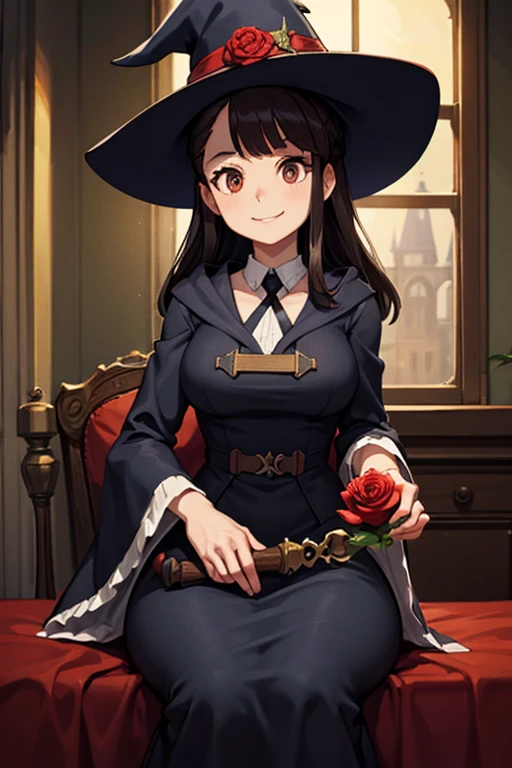 A black haired female witch with brown eyes with an hourglass figure in a conservative victorian dress is smiling with a rose in her hand