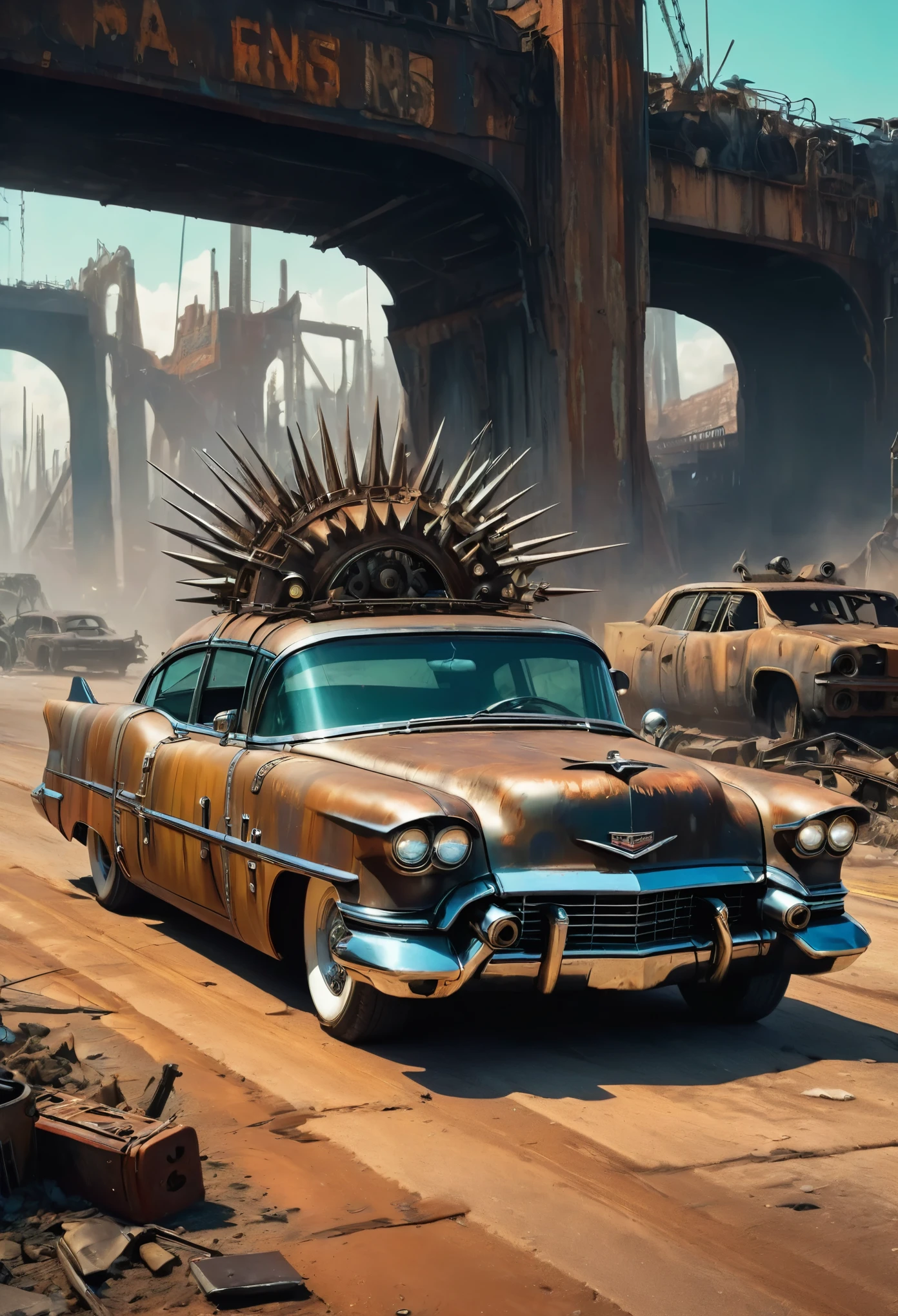 faithful image of an old rusty 1955 cadilac eldorado with spikes and spikes on the hood, military style with modifications, he is running over a destroyed viaduct in the center of a post-apocalyptic city, carro steampunk, dramatic art, estilo de arte dieselpunk, apocalyptic road warrior vibe, a girl with sunglasses is inside the car, arte digital surreal, Mad Max inspirado, heavy metal artwork, simetria da face cromada, arte steampunk digital, It&#39;s not the Mad Max style, metal art, It&#39;s not Filip Hodas&#39; art style, arte digital steampunk, dieselpunk, em um mundo hightech, foto na diagonal