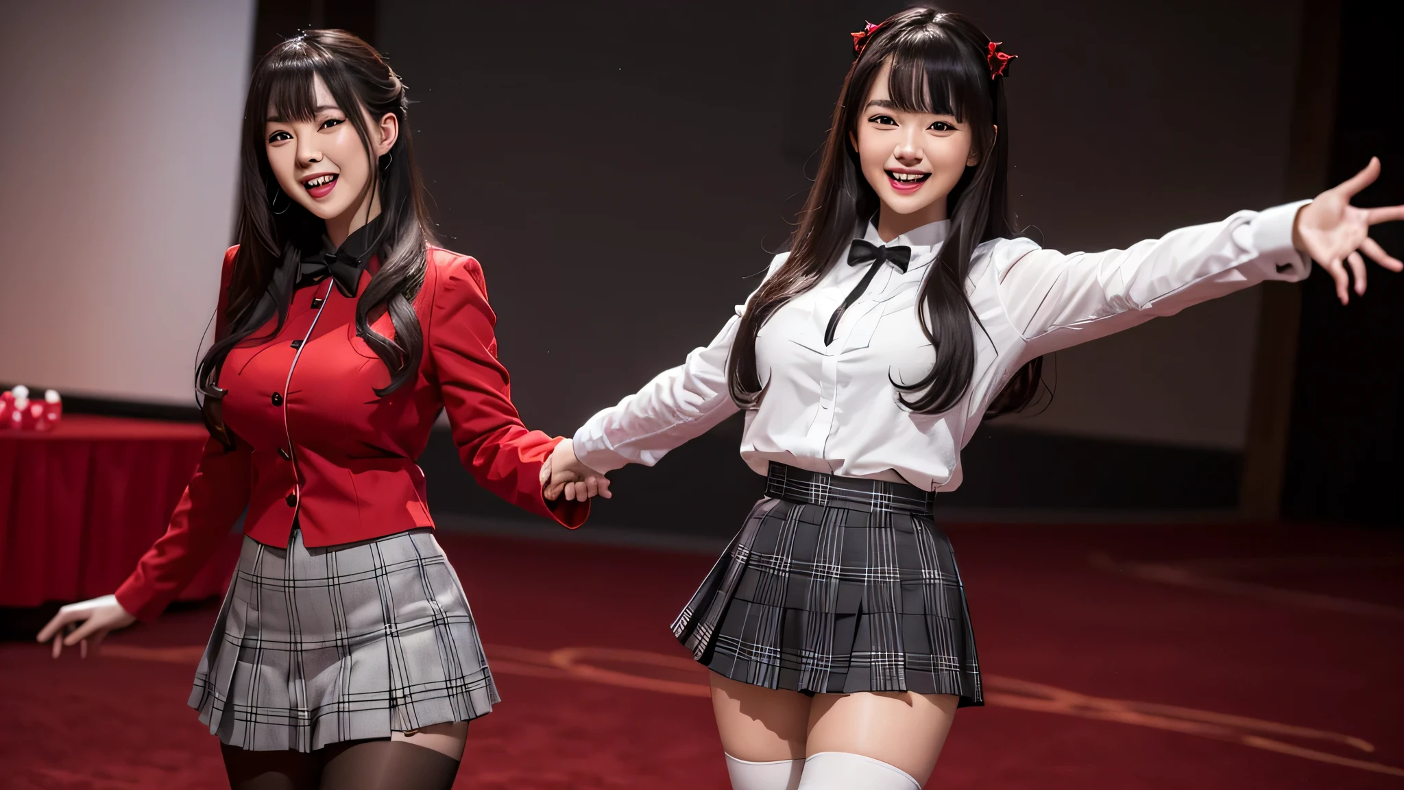(masterpiece, highest quality, Super detailed, 8K, wallpaper, realistic), (wide shot, full body), beautiful girl, plump body, perfect hands, (hmjy1), long hair, (dull bangs), red eyes, , red jacket, black pantyhose, white shirt, black ribbon, (Black and gray plaid miniskirt, pleated skirt), long sleeve, psycho smile, excited smile, open your mouth, erotic face, red face, outstretched arm, bloodthirsty smile, (background: casino), realistic,(Lie:1.3)