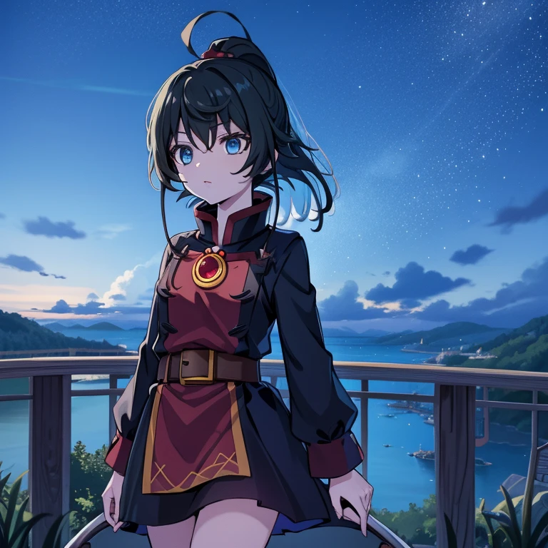 a woman looks up at the stars in the sky, megumin, megumin from konosuba, attractive matoi ryuko, nighttime!!, bakemonogatari, ryuko matoi, screenshot from the anime film, on a clear night sky, boogiepop phantom, konosuba, stars in her gazing eyes