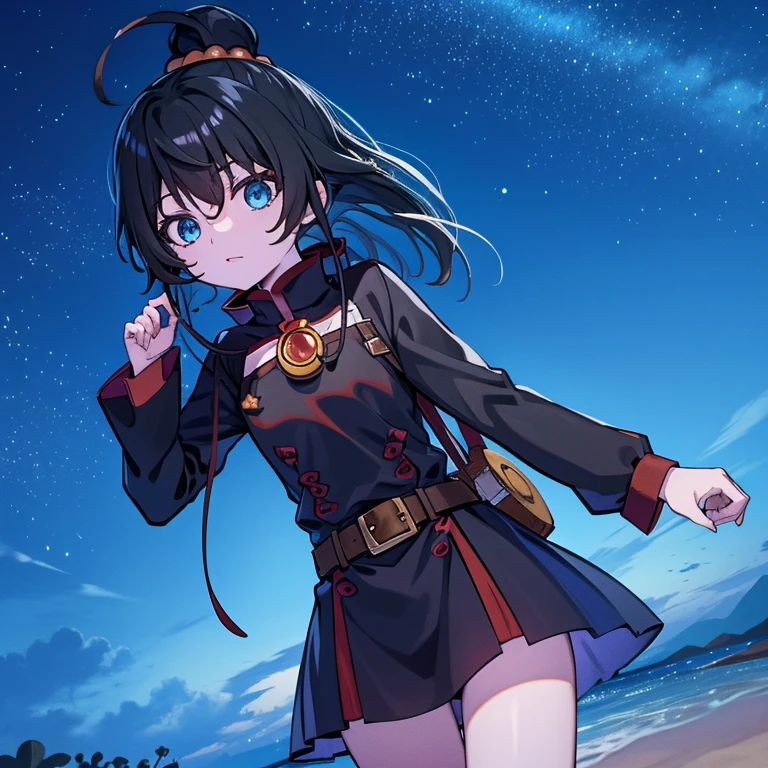 a woman looks up at the stars in the sky, megumin, megumin from konosuba, attractive matoi ryuko, nighttime!!, bakemonogatari, ryuko matoi, screenshot from the anime film, on a clear night sky, boogiepop phantom, konosuba, stars in her gazing eyes