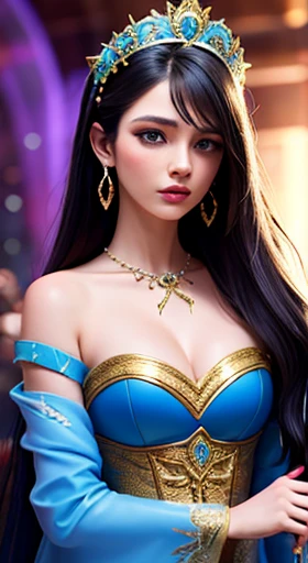 Beautiful princess in blue and gold corset and suit, majestic appearance, extremely detailed art germ, art germ. high detail, art germ detailed, style art germ, art germ style, in style of art germ, Samira from League of Legends, Movie-like goddess body shots, style of art germ, alena aenami and art germ