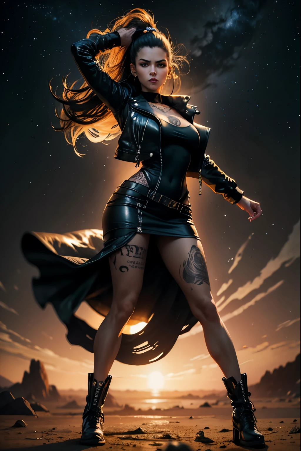 Tall Tough tattooed biker chick with two strong legs dancing swirling twirling almost collapsing on Saturn's moon Calisto, looking like a creation that could actually survive there, wearing black leather graphics jacket and long leather-like denim dress that touches the ground split in the middle for riding, magic, art, wind, wind blown, spark, lightshow, fireflies, watching the rise of the distant Sun, with Saturn fully visible in the foreground, 36k resolution Kodak professional photography, hyperdetailed, Waiting to start