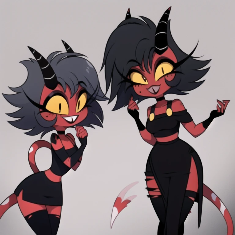 red skin, yellow sclera, black short hair, horns, black croptop, tail, elf ears, 2girl,millie, demon girl, black ripped vestido,cuerpo completo,muslos,vestido,1boy,moxxie,