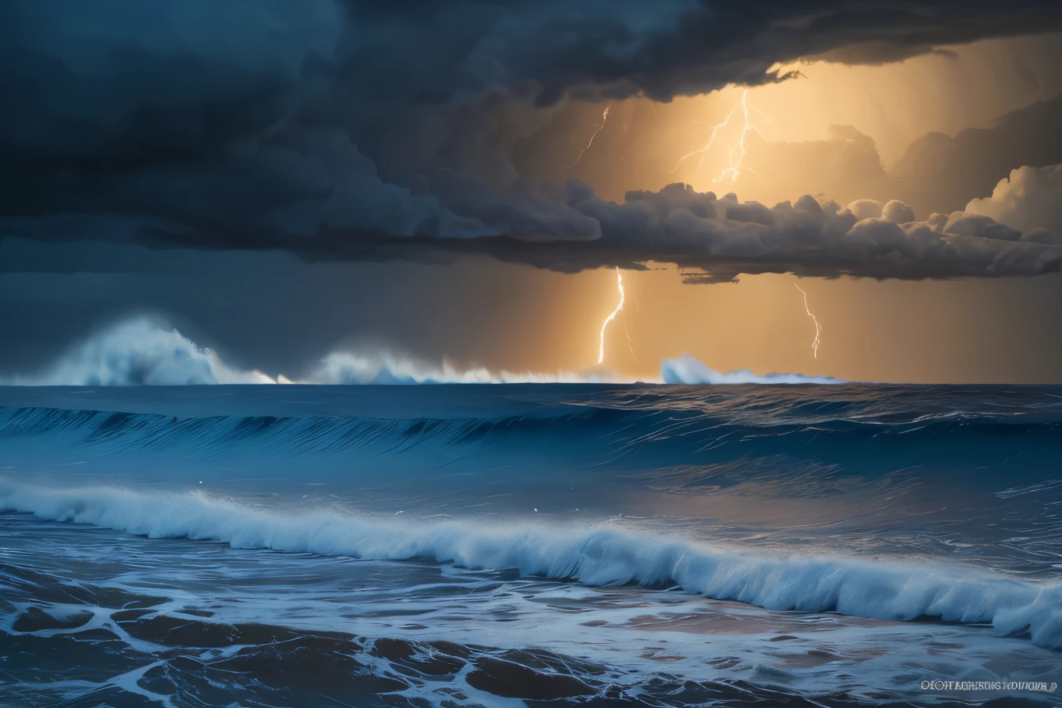 violent storm,The sea roared,Huge waves rolling,The waves lap against the reef on the shore,Splash,The sky is gloomy,Dark clouds rolling,Thunder and lightning,Seagulls fly between the waves,Water and sky,The sound of the waves is deafening,majestic,Amazing,The overall composition is impeccable, surreal art,8k,Artistic style is a depiction of nature,Invoke a sense of awe in the audience,Exquisite details,ambient light,Depression,medium long shot,--3:4 -- Stylization 500