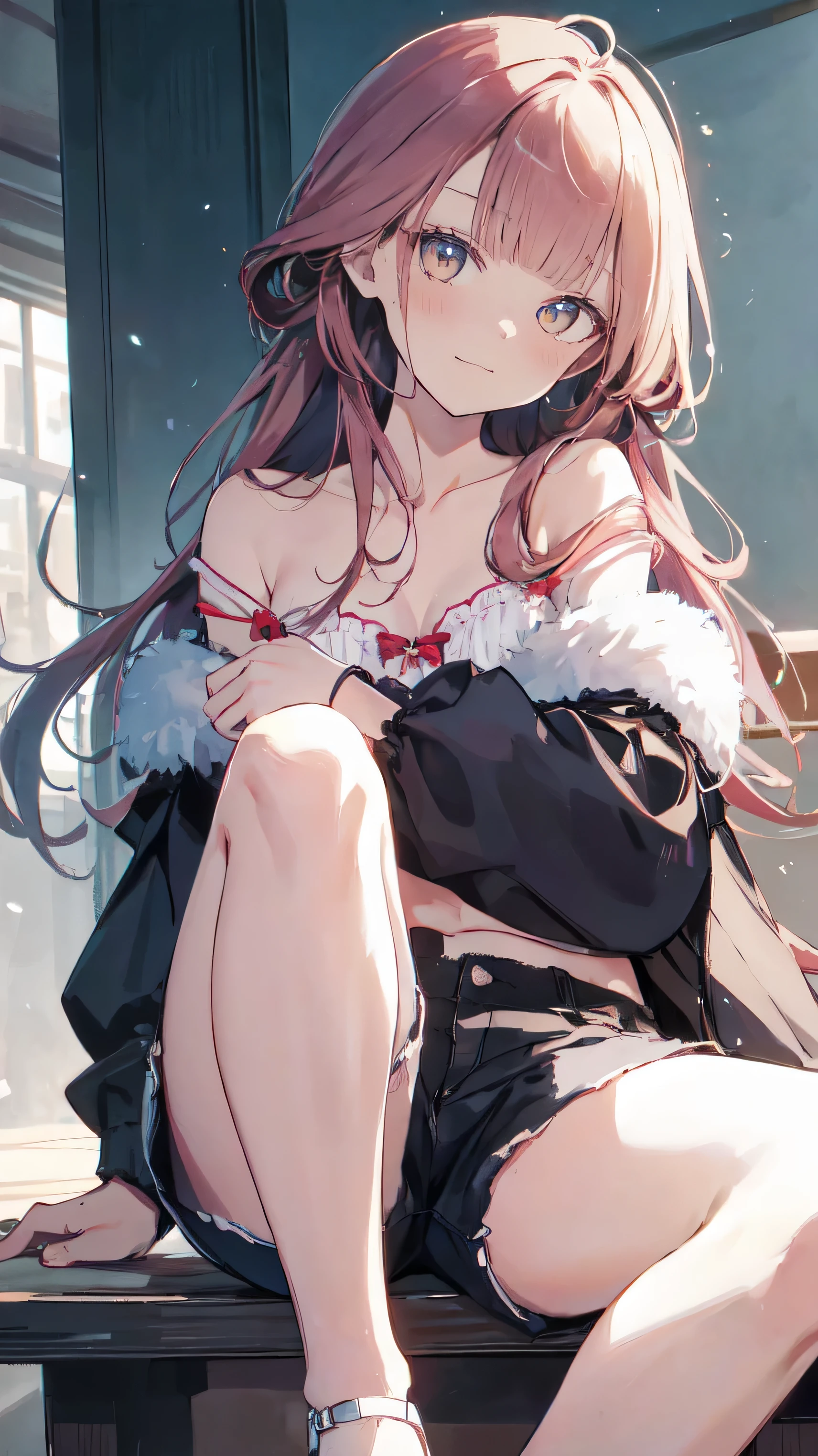 master piece、Highest image quality、highest quality、 ((panic))、glossy hair quality、small face、sitting、Super detailed and beautiful bright eyes、Super detailed clear and beautiful face、(cute illustration:1.2), High-resolution, ultra-detailed, best quality, embarrassed、(Gaps in shorts).(Cute ????????? that can be seen at a glance)、off shoulder