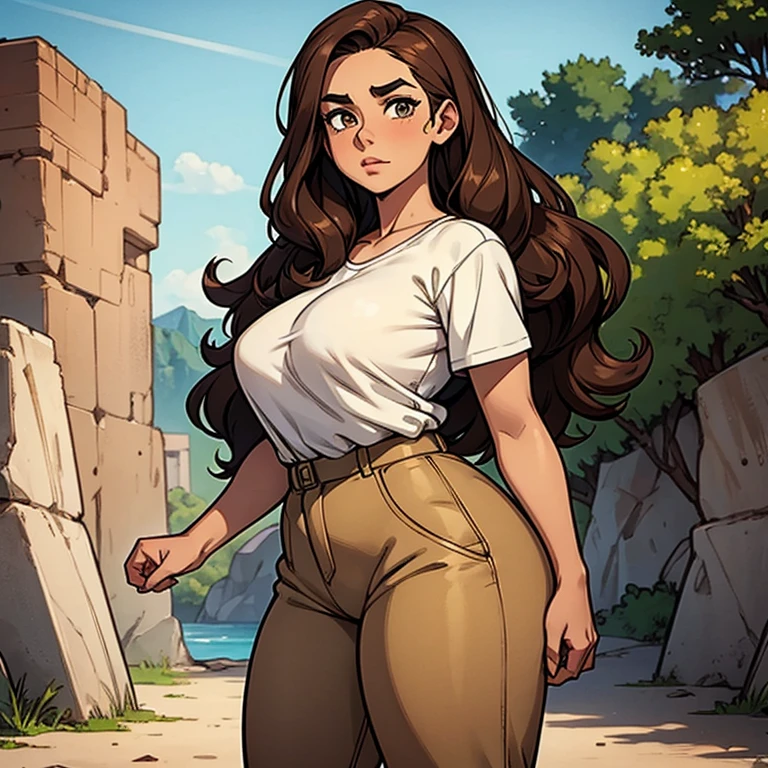 A girl who has honey-colored eyes and short, neck-length, wavy dark brown hair..... She has a somewhat chubby physique and few curves.., brown skin.. Cara redonda, rasgos tiernos y amables. Lleva una camisa y unos pantalones cortos. bosquejo. sombreado. Encendiendo. Cuerpo completo.