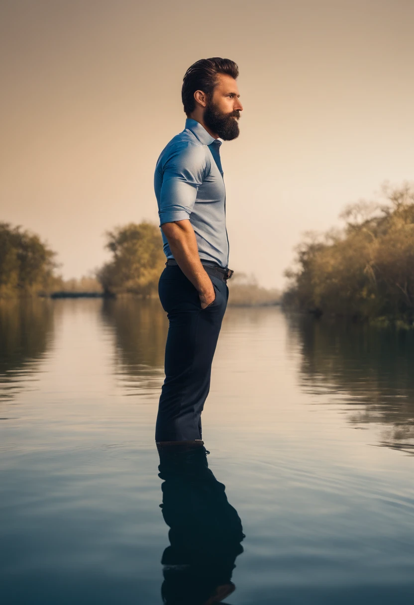 Araffe man in blue shirt and black pants standing in front of a river., very Hombre atractivo with beard, bearded Hermoso hombre, hombre guapo, hombre guapo, Hombre atractivo, plano medio de un guapo, guapo y atractivo, atractivo y bien parecido, masculino y rudo, barba rugosa, foto de perfil, hombre atractivo, fuertes rasgos masculinos, pose masculina, Hermoso hombre nude