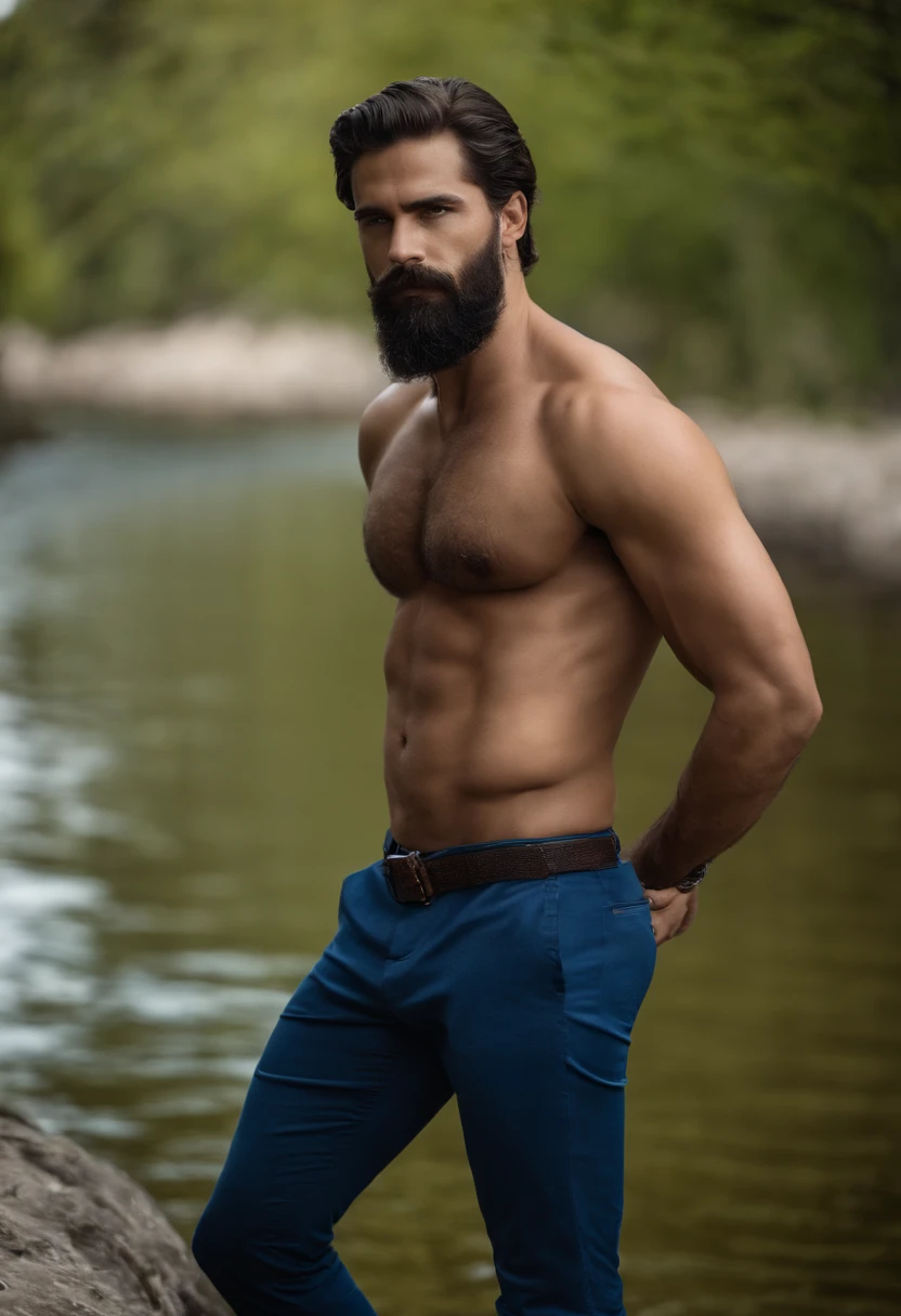 Araffe man in blue shirt and black pants standing in front of a river., very Hombre atractivo with beard, bearded Hermoso hombre, hombre guapo, hombre guapo, Hombre atractivo, plano medio de un guapo, guapo y atractivo, atractivo y bien parecido, masculino y rudo, barba rugosa, foto de perfil, hombre atractivo, fuertes rasgos masculinos, pose masculina, Hermoso hombre nude