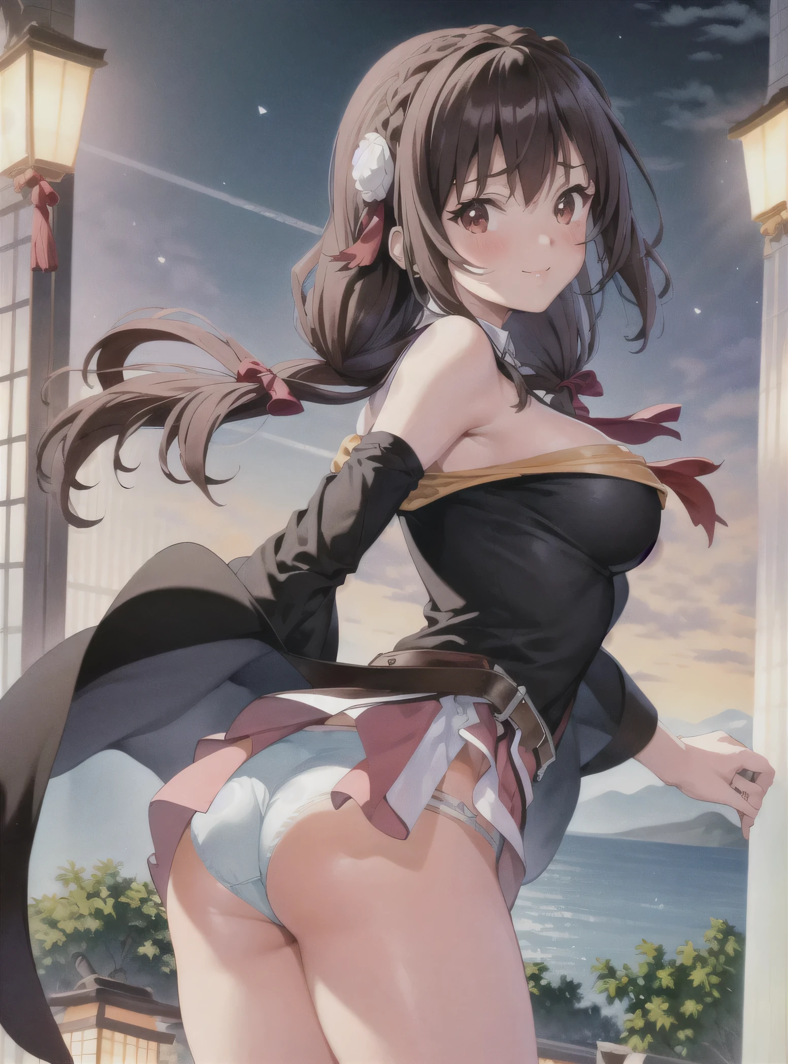 back view, stick out one's butt, Show panties, colorful, 1 girl,at the park, night view, evening,joy,origin,(beautiful face),(realistic face, perfect eyes,1.1),analog style,RAW,real life photo,medium quality,normal aesthetic,break,1girl,(japanese girl:1.1),(round face:1.3),break,(intricate underwear),(masterpiece, highest quality, 16K), delicate, Detailed, Sharp, 1 girl, Yunyun,long hair,Braid,twin tails,hair between eyes,hair ribbon,hair ornaments,big breasts,(cape:1.2),tie,shirt,pink shirt,long sleeve,belt,pink skirt,pantyhose,loafers,brown footwear, big breasts, blush, smile, looking at the viewer, ((A 1990s-style painting:1.3)), skirt lift, panties, impressionism, professional lighting