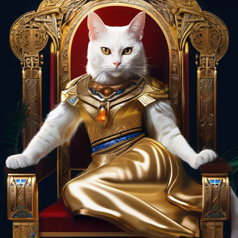 Close-up of a cat wearing a gold dress and sitting on a chair, by Kelenbeit, anthropomorphic female cat, Egyptian cat goddess, god of cats, Graphic artist Magali Villeneuve, persian queen, Bed, Cat Warrior, Otakar Kubin, Tabaxi Priest, anthropomorphic cat, hall々pose