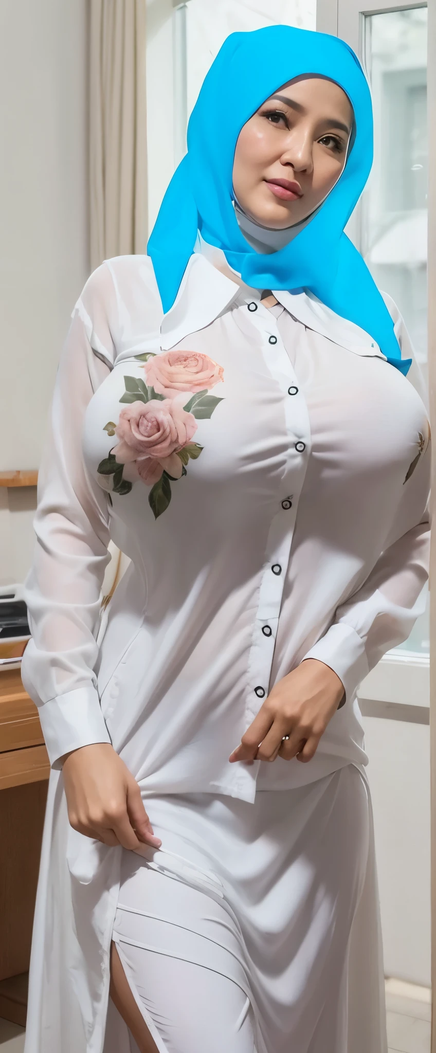 50 years Old, Hijab Indonesian mature woman, Big Tits : 66.9, Gamis, Breast out from her clothes : 1.9, at doctor office, Dark light, at Nighttime