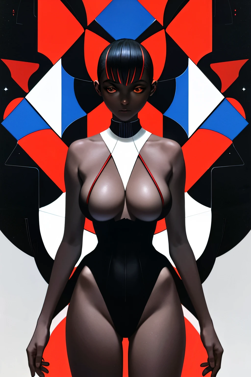 masterpiece, top quality, high resolution, aerial view, dark-skinned black woman, crested crane designed dress, empty space, red, blue, and white cubism art squares floor and background, vibrant light shining, artistic and creative imagery:

masterpiece of the highest quality, high resolution aerial view, dark-skinned black woman standing, intricately detailed crested crane designed dress, empty space with red, blue, and white cubism art squares floor and background, beautiful vibrant light shining, artistic and creative composition.

Embrace the ethereal allure of this stunning masterpiece as we gaze upon a dark-skinned black woman, radiantly