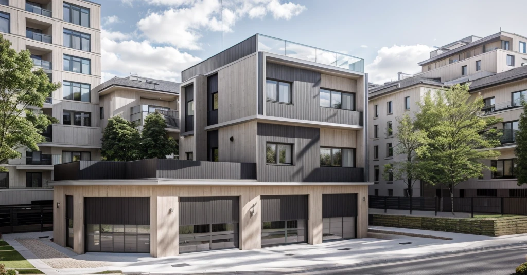 contemporary style house exterior, modernisme, glass doors and windows,rail en métal noir, plafond en conwood, chef-d'artwork, high quality, photo realistic, canon eos 5d marque, natural light,