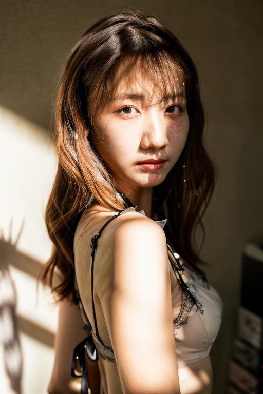 (masterpiece), (best quality),photorealistic, 8k raw photo,ultra high res,highest detailed,intricate,8k,HDR,makeup,cinematic lighting,depth of field,Ray tracing,light rays, True physical reflections,masterpiece, best quality,girl,Japanese,(slender body:1.3),brown mideum wave hair,wearing detailed sexy lace lingerie,model pose,mideum shot,