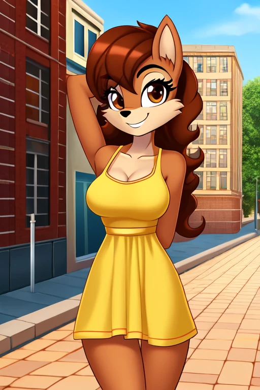 Sally Acorn , solo, female, brown body, brown hair, medium hair, wavy hair, smiling, medium breasts, slim, small waist, small hips, sundress, european city, brick road, hands behind back, happy, looking at viewer, high quality