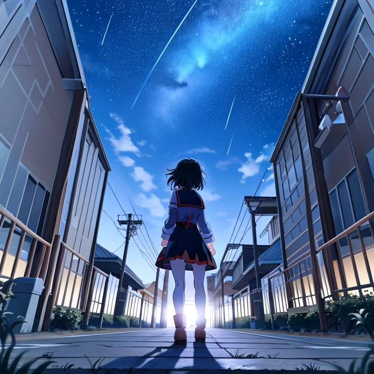 a woman looks up at the stars in the sky, megumin, megumin from konosuba, attractive matoi ryuko, nighttime!!, bakemonogatari, ryuko matoi, screenshot from the anime film, on a clear night sky, boogiepop phantom, konosuba, stars in her gazing eyes