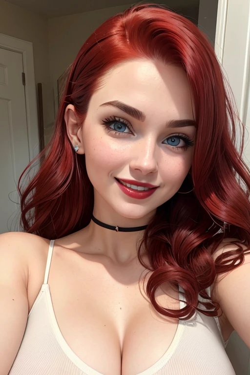 20 year old girl, ((portrait)), mature face, blue eyes, thin eyebrows, flawless skin, nose defined, red lipstick staining her lips, big smile, sexy look, white teeth, (wavy, red to crimson gradient hair, red hair roots), very tall, big breasts, looking directly at the camera, UHD, showing off her shoulders and neck, wearing casual clothing that complements her hair color, showing some cleavage, is a Instagram influencer, anatomically correct, expressing confidence and allure