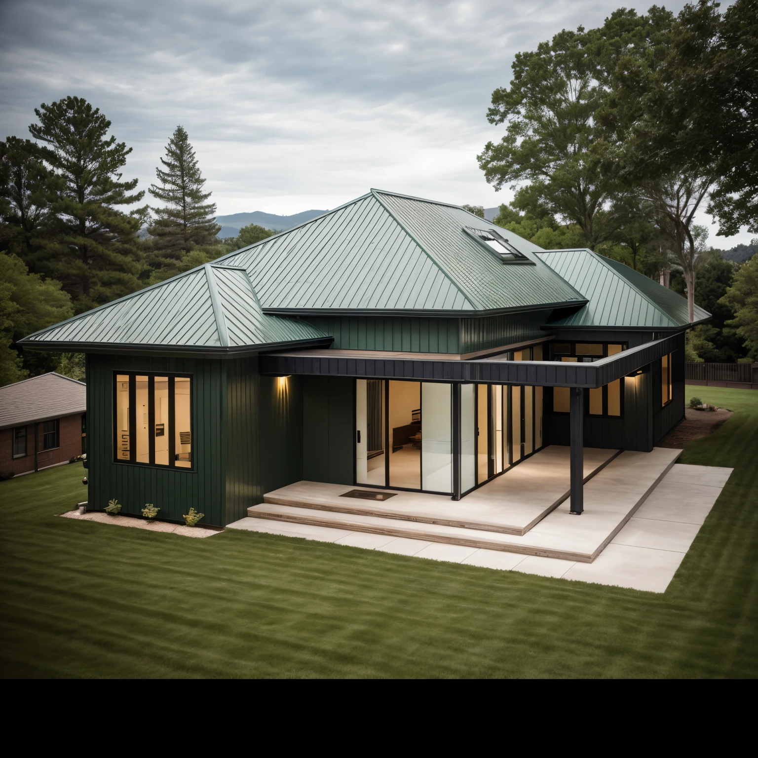 house exterior industry style, dark yellow and green color scheme, like an oldtime industry factory,raw materials, exposed structural elements, and simple, clean lines,rough-hewn steel, polished concrete, glass, and exposured brick,